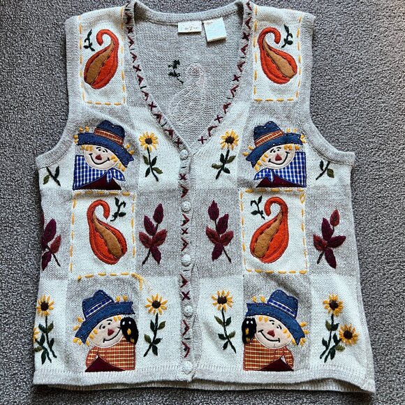 🍁🍂 Bobbie Brooks VTG 90s Scarecrows Gourds & Leaves Autumn Sweater Vest | Sz M - Picture 4 of 10